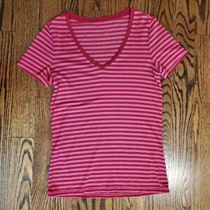 Icebreaker Pink Striped V-Neck Shirt (Women's Small)